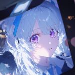  ai-generated blue_archive blue_necktie close-up grey_hair headphones highres monthmio necktie noa_(blue_archive) non-web_source purple_eyes 