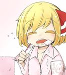  blonde_hair brushing_teeth character_name closed_eyes colored_eyelashes cup d: hair_ribbon jagabutter open_mouth pajamas ribbon rumia sleepy soap_bubbles solo toothbrush toothpaste touhou towel 