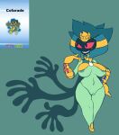 2019 areola big_breasts black_eyes breasts cofagrigus digital_media_(artwork) elfdrago female fusion generation_4_pokemon generation_5_pokemon genitals green_areola green_background green_body grin hi_res humanoid hybrid_pokemon navel nintendo pokemon pokemon_(species) pokemon_fusion pussy red_sclera roserade shadow_face short_stack simple_background smile solo thick_thighs