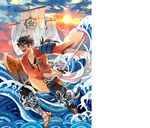  bird black_hair blue_sky boat brown_eyes full_body getiao holding holding_sword holding_weapon katana looking_to_the_side mutsu-no-kami_yoshiyuki oar open_mouth outdoors ponytail sandals sky sword touken_ranbu watercraft weapon 