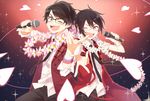  ;) akk1 black_hair brown_eyes glasses green_eyes heart highres idolmaster idolmaster_side-m iseya_shiki male_focus microphone multiple_boys nogami_shou one_eye_closed open_mouth outstretched_hand pink-framed_eyewear seiyuu smile wristband 