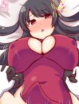  1boy 1girl admiral_(kancolle) artist_logo black_gloves black_hair blanket blush bouncing_breasts breasts china_dress chinese_clothes cleavage covered_nipples dated dress elbow_gloves fusou_(kancolle) gloves hair_ornament headgear hetero kanon_(kurogane_knights) kantai_collection large_breasts long_hair lying one-hour_drawing_challenge open_mouth out_of_frame red_dress red_eyes sex smile white_gloves 