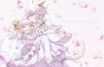  1girl animal_ears bridal_veil carrying cat_ears cat_tail closed_eyes dress final_fantasy final_fantasy_xiv gloves lalafell miqo'te pointy_ears princess_carry rue_(ruenis_chronowing) silver_hair tail veil wedding_dress white_dress 