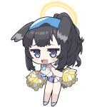  1girl animal_ears black_hair blue_archive blush_stickers breasts cheerleader chibi cleavage detached_collar dog_ears dog_tail eyewear_on_head full_body gari_gari_1 halo halterneck hibiki_(blue_archive) hibiki_(cheer_squad)_(blue_archive) highres holding holding_pom_poms large_breasts long_hair millennium_cheerleader_outfit_(blue_archive) official_alternate_costume open_mouth pom_pom_(cheerleading) purple_eyes safety_glasses shoes simple_background solo star_(symbol) tail white_background white_footwear yellow_halo 