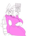 anthro areola areola_slip bench big_breasts biped bodily_fluids breasts cleavage_cutout clothing cutout ears_up english_text female hair hat headgear headwear holding_object holding_sign iliya_(jigrasmut) lagomorph leporid long_hair mammal nipple_slip nipples rabbit sign sitting solo sweat sweaty_breasts text tracksuit unyin zipper