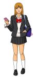  1girl bag blazer gyaru highres jacket loafers long_hair makeup miniskirt mr.k nail_polish original school_bag school_uniform shoes skirt socks white_socks 