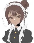  1girl absurdres apron black_dress black_ribbon brown_eyes brown_hair closed_mouth dress frown hair_bun hair_ribbon highres limbus_company madotsuki_ren maid_headdress nelly_(project_moon) project_moon puffy_short_sleeves puffy_sleeves ribbon short_sleeves solo upper_body white_apron 