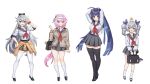  4girls absurdres alternate_costume black_footwear black_ribbon breasts bronya_zaychik brown_jacket clothes_around_waist commentary_request elysia_(honkai_impact) full_body grey_eyes grey_hair grey_sailor_collar grey_skirt hair_between_eyes hair_ribbon highres honkai_(series) honkai_impact_3rd jacket jacket_around_waist kiana_kaslana large_breasts loafers long_hair long_sleeves looking_at_viewer midriff_peek miniskirt multiple_girls neckerchief orange_scrunchie orange_wristband plaid plaid_skirt pleated_skirt q2_qee raiden_mei ribbon sailor_collar school_uniform scrunchie serafuku shoes simple_background skirt solo standing teeth thighhighs upper_teeth_only v very_long_hair white_background white_sleeves white_thighhighs wrist_scrunchie zettai_ryouiki 