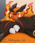 2024 96panda anthro belly big_belly black_body bodily_fluids duo emboar generation_5_pokemon hi_res kemono male navel nintendo orange_body overweight overweight_male pokemon pokemon_(species) solo_focus sweat