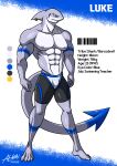 abs absurd_res alkan anthro barcode blue_eyes bottomwear clothed clothing english_text fish grey_body hi_res male marine model_sheet moobs multicolored_body muscular muscular_anthro muscular_male navel nipples pecs piercing shark solo spade_tail swimwear swimwear_only tail text topless topless_anthro topless_male two_tone_body white_body 