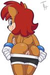  2016 anthro anus archie_comics bent_over blue_eyes breasts brown_fur butt chipmunk clothed clothing eyewear female fur gloves hair looking_at_viewer looking_back mammal open_mouth presenting presenting_hindquarters presenting_pussy pussy rodent sally_acorn smile solo sonic_(series) the_other_half topless undressing 
