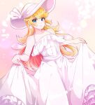  1girl artist_name bare_arms bare_shoulders blonde_hair blue_eyes breasts closed_mouth clothes_lift dress dress_lift flat_chest frills hair_between_eyes hat hat_ribbon holding indisk_irio light long_hair looking_at_viewer mario_(series) off_shoulder pink_dress princess_peach ribbon simple_background sleeveless sleeveless_dress smile solo standing sun_hat sundress white_dress white_hat 