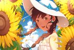  blue_sky bow braid brown_eyes brown_hair cloud day dress earrings flower hat hat_bow jewelry konomi_(kumagai20) long_hair looking_at_viewer open_mouth original outdoors sky solo summer sun_hat sunflower white_dress white_hat 