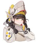  1girl :3 armor armored_gloves backpack bag bell braid brown_hair chime_(nikke) goddess_of_victory:_nikke green_eyes highres rakaieye simple_background smug solo twin_braids upper_body visor_(armor) white_background yellow_beanie 