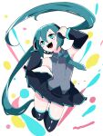  1girl aqua_eyes aqua_hair aqua_necktie armpits bare_shoulders black_skirt black_sleeves collared_vest detached_sleeves film_grain full_body grey_vest hair_between_eyes hands_on_own_head happy hatsune_miku headphones headset highres ikurauni jumping long_hair looking_up miku_day multicolored_background necktie open_mouth skindentation skirt smile solo tareme twintails very_long_hair vest vocaloid white_background zettai_ryouiki 