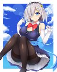  bare_shoulders black_legwear blue_bow blue_eyes blue_sky bow bowtie breasts cleavage closed_mouth day detached_collar dress elbow_gloves flower frilled_dress frills fujimiya_yahiro gloves hair_flower hair_ornament hair_over_one_eye hairclip hamakaze_(kantai_collection) jumping kantai_collection large_breasts lens_flare looking_at_viewer maid_headdress pantyhose purple_dress red_bow red_neckwear sash sky sleeveless sleeveless_dress smile solo sunflower_hair_ornament thighband_pantyhose thighs white_gloves 