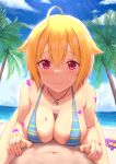  1boy 1girl ahoge areola_slip beach blonde_hair breasts cai_geng hair_between_eyes highres ibuki_tsubasa idolmaster idolmaster_million_live! jewelry large_breasts looking_at_viewer necklace paint paint_on_body paizuri penis pov red_eyes short_hair smile straddling swimsuit 