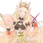  1girl blonde_hair bow brinaa_sama butterfly_hair_ornament celine_(fire_emblem) cross-laced_clothes cross-laced_dress crown dress fire_emblem fire_emblem_engage green_eyes hair_ornament highres orange_bow orange_gemstone orange_wristband princess wrist_bow yellow_dress 