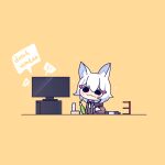  1girl alcohol bottle chibi commentary cross_(vgne4542) drunk fox_tail highres phase_connect sake short_hair simple_background tail tenma_maemi virtual_youtuber white_hair yellow_background 