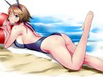  ;) alternate_costume ass beach blue_eyes breasts brown_hair casual_one-piece_swimsuit commentary_request full_body headgear highres huge_breasts judge_(oekaki) kantai_collection light_smile mutsu_(kantai_collection) no_gloves no_legwear ocean one-piece_swimsuit one_eye_closed sand short_hair sideboob smile solo swimsuit water 