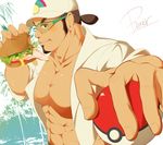  brown_eyes brown_hair collarbone facial_hair food foreshortening glasses hat holding holding_poke_ball kukui_(pokemon) male_focus muscle pants_boxer poke_ball pokemon pokemon_(game) pokemon_sm sandwich signature simple_background solo tan white_hat 