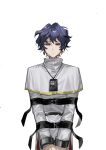  1boy absurdres blue_eyes blue_hair capelet chinese_commentary closed_mouth commentary_request gold_trim highres lanyard looking_at_viewer male_focus saibou_shinkyoku shirt short_hair simple_background solo straitjacket utsugi_noriyuki white_background white_capelet white_shirt wotmyijingwuyuwuqiule 