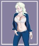  1girl artist_name blue_eyes blush bra breasts cleavage diana_cavendish green_hair large_breasts little_witch_academia multicolored_hair navel non-web_source open_clothes open_fly open_shirt pants solo standing thotticus-slayer two-tone_hair underwear white_hair 