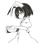  animal_ears bowl bunny_ears bunny_tail dress greyscale hat inaba_tewi jagabutter looking_at_viewer monochrome nurse nurse_cap short_hair solo tail touhou towel 