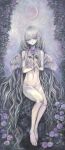  1girl acrylic_paint_(medium) barefoot commentary commission completely_nude feathered_wings flat_chest flower full_body full_moon grey_hair highres holding holding_flower long_hair looking_at_viewer moon nude original painting_(medium) pale_skin purple_eyes purple_flower purple_rose rose sitting skeb_commission solo sumire_shisei traditional_media very_long_hair wavy_hair white_wings wings 
