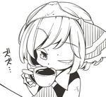  ascot coffee collared_shirt greyscale hair_ribbon jagabutter long_sleeves looking_at_viewer monochrome object_on_head one_eye_closed panties panties_on_head ribbon rumia shirt short_hair sipping solo touhou underwear vest 