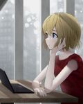  1girl absurdres blonde_hair blue_eyes computer hand_on_table head_on_hand hidulume highres kanojo_okarishimasu laptop looking_to_the_side nanami_mami red_shirt shirt short_hair 