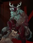  abs anthro antlers arm_warmers ball_gag bulge clothed clothing collar domination duo eyes_closed fangs feline gag hair hair_over_eye hat horn hybrid looking_at_viewer male male/male mammal navel nipples servojob sitting smile striped_tail teeth topless whip 