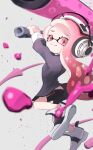  1girl :3 asymmetrical_hair bike_shorts black_footwear black_shorts closed_mouth cross-shaped_pupils dynamo_roller_(splatoon) headphones highres inkling inkling_girl inkling_player_character koike3582 long_hair long_sleeves pink_eyes pink_hair shoes shorts single_vertical_stripe smile solo splatoon_(series) symbol-shaped_pupils tentacle_hair two-tone_footwear wavy_hair white_footwear 