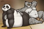 2023 anthro bear bedroom_eyes belly big_belly black_and_white_fur claws clothed clothing dreamworks duo fangs felid fur giant_panda half-closed_eyes hand_behind_head hi_res kung_fu_panda lying male mammal markings master_po_ping morbidly_obese morbidly_obese_anthro morbidly_obese_male mouth_closed narrowed_eyes navel nipples nude obese obese_anthro obese_male on_front overweight overweight_anthro overweight_male oystercatcher7 pantherine pecs pose seductive signature sitting snow_leopard spots spotted_body spotted_fur tai_lung_(kung_fu_panda) teeth thong thong_only topless underwear underwear_only whiskers 