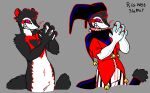 anthro bell bigwetslapper bright_colors chest_tuft clothed clothing clown_(bigwetslapper) eye_contact fluffy fluffy_tail fool&#039;s_hat hat headgear headwear hi_res looking_at_another looking_at_viewer male mammal mustelid musteline red_clothing solo tail true_musteline tuft weasel