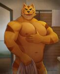 2024 abs absurd_res animal_crossing anthro biceps bodily_fluids butt deltoids felid flaccid genitals hand_on_pecs hi_res looking_at_viewer male mammal manly musclegut muscular navel nintendo nipples nude one_eye_closed open_mouth pantherine pecs penis pubes sauna slightly_chubby smile solo standing steam sweat tiger towel triceps tybalt_(animal_crossing) vein veiny_penis wink zcdartz