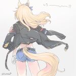 1girl animal_ears arm_at_side belt black_coat blonde_hair coat coat_on_shoulders cowboy_shot cutoffs denim denim_shorts ear_ornament from_behind gloves gold_city_(umamusume) hand_on_own_shoulder horse_ears horse_girl horse_tail inutose long_hair shorts solo standing tail tail_through_clothes twitter_username umamusume white_gloves 