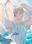  1boy absurdres arms_up bird blue_background blue_sky brown_eyes brown_hair dungeon_meshi highres laios_touden light_brown_hair looking_to_the_side male_focus parted_lips seagull short_hair sky sunlight tank_top upper_body very_short_hair water white_tank_top yato_(alphonse59) 