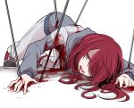  1girl blood blood_on_clothes blood_on_ground brown_eyes call_of_cthulhu guro impaled light_smile lying on_stomach red_hair white_background yayoi_sekai 