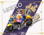  1boy absurdres andrew_schlueter blue_footwear blue_shirt brown_hair driving exhaust_pipe facial_hair fingerless_gloves gloves goggles goggles_on_headwear grin helmet highres motor_vehicle motorcycle motorcycle_helmet mustache on_motorcycle pants pink_pants pointy_ears shirt smile super_smash_bros. thick_eyebrows wario warioware 