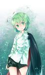  antennae blush cape cowboy_shot gradient gradient_background green_eyes green_hair head_tilt highres long_sleeves murani nail_polish shirt short_hair short_shorts shorts solo touhou wriggle_nightbug 