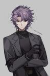  1boy black_gloves black_sweater closed_mouth earrings frown gloves grey_background grey_jacket jacket jewelry linguihong01278 long_sleeves looking_at_viewer male_focus necktie open_clothes open_jacket purple_hair red_necktie saibou_shinkyoku short_hair simple_background solo sweater theodore_riddle turtleneck turtleneck_sweater upper_body 
