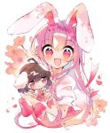  2girls :3 ahoge animal_ears blush brown_hair carrot_necklace cherry_blossoms dress highres inaba_tewi jewelry long_hair looking_at_viewer medium_hair mikako_chan3 mini_person minigirl multiple_girls necklace open_mouth petals pink_dress pink_hair rabbit_ears rabbit_girl red_eyes reisen_udongein_inaba shirt short_sleeves signature size_difference smile touhou upper_body white_background white_shirt 