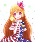  :d american_flag_dress arm_behind_back blonde_hair clownpiece crown frilled_sleeves frills hair_between_eyes head_tilt highres long_hair looking_at_viewer neck_ruff open_mouth purple_eyes rie-co short_sleeves simple_background smile solo sparkling_eyes star striped torch touhou upper_body very_long_hair wand white_background 