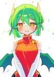  1girl absurdres breasts brown_eyes china_dress chinese_clothes crying crying_with_eyes_open draco_centauros dragon_girl dragon_horns dragon_wings dress elbow_gloves gloves green_hair highres horns large_breasts looking_at_viewer offbeat parted_lips pointy_ears puyopuyo red_dress short_hair solo tears upper_body white_background white_gloves wings 