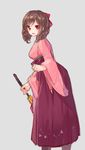  brown_hair closed_umbrella drill_hair hakama harukaze_(kantai_collection) japanese_clothes kantai_collection kimono long_hair meiji_schoolgirl_uniform pf red_eyes solo twin_drills umbrella 