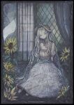  1girl acrylic_paint_(medium) commentary_request cracked_skin curtains doll dress expressionless flat_chest flower full_body grey_hair hat highres long_hair looking_at_viewer original painting_(medium) pale_skin sitting solo sumire_shisei sunflower traditional_media very_long_hair 