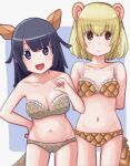  2girls :d adapted_costume armadillo_ears armadillo_tail arms_behind_back bare_arms bare_shoulders black_hair blonde_hair blue_background blunt_bangs bra breasts brown_eyes collarbone cowboy_shot expressionless extra_ears frilled_bra frills giant_armadillo_(kemono_friends) giant_pangolin_(kemono_friends) hair_between_eyes hand_on_own_hip kemono_friends leaning_to_the_side long_hair looking_at_viewer medium_breasts multiple_girls murakami_kou_(raye) navel open_mouth pangolin_ears pangolin_tail panties pointing pointing_at_self purple_eyes short_hair simple_background smile tail underwear underwear_only 