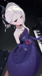  1girl absurdres blue_archive blush cocktail_glass cup drinking_glass earrings elbow_gloves gloves halo highres hina_(blue_archive) hina_(dress)_(blue_archive) holding holding_cup instrument jewelry kurokuro_rakuga looking_at_viewer necklace piano piano_bench purple_eyes solo white_hair 