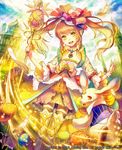  2012 blue_sky brown_hair bunny cloud dress egg fantasy feathers hair_ornament hat hat_ornament jewelry long_hair looking_at_viewer lord_of_knights mitsdasaw official_art open_mouth outdoors sky staff watermark white_legwear yellow yellow_dress yellow_eyes 